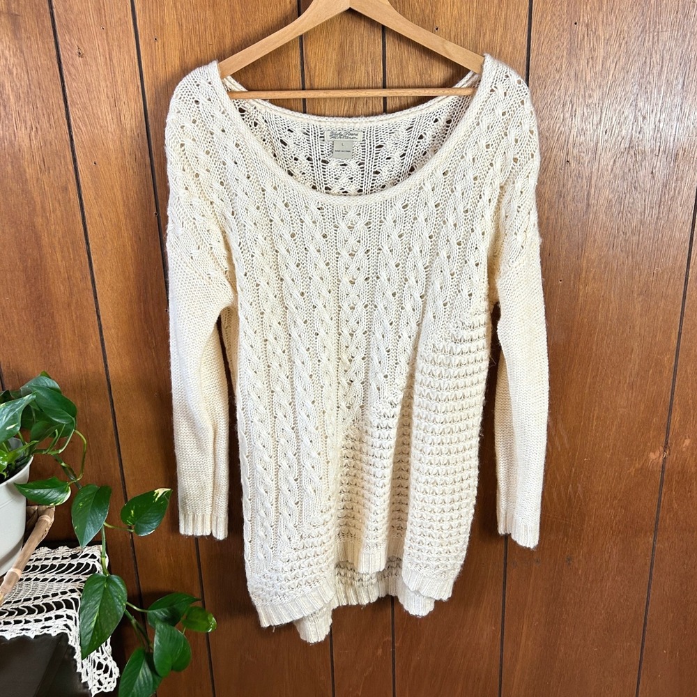 Lucky Brand Cream Mixed Cable Knit Pointelle Wool Blend Sweater Large Ivory Boho